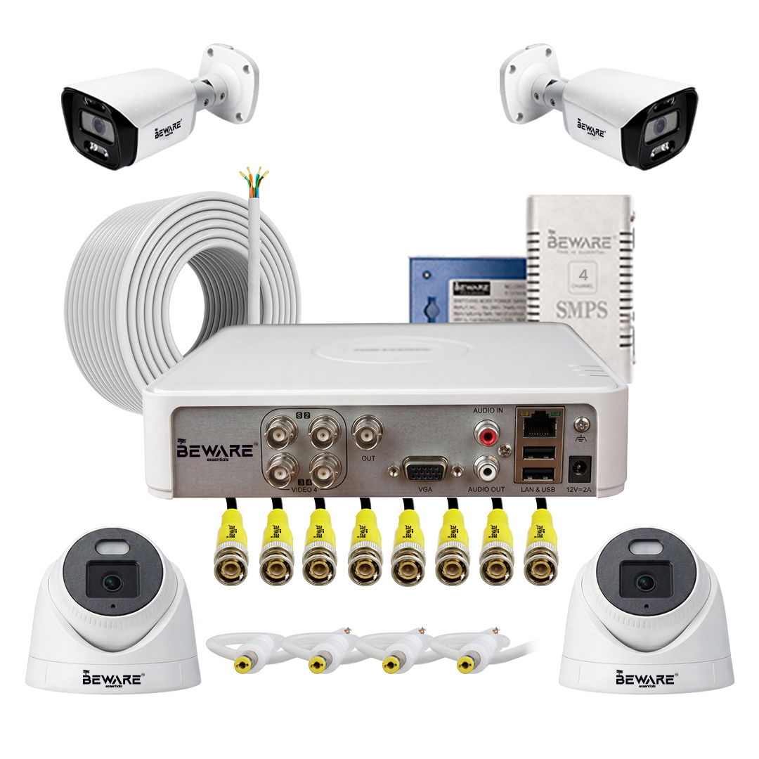 BEWARE 4 Channel CCTV Camera Set with 2 Bullet + 2 Dome Cameras, DVR & Accessories